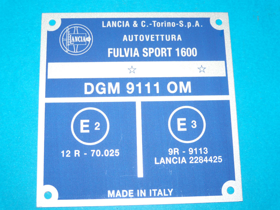 Targhetta identificativa dati Lancia Fulvia Sport Zagato 1600 cc.