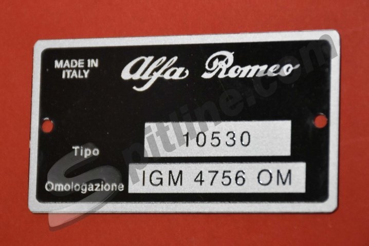 Targhetta identificativa dati Alfa Romeo GT Junior 1300 Tipo 10530 - Omologazione IGM 4756 OM