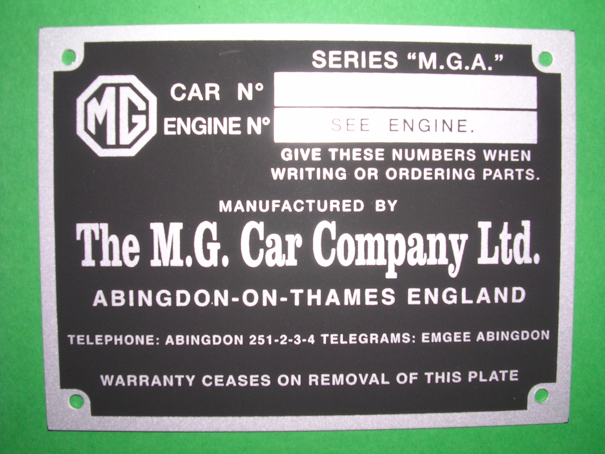 Targhetta identificativa MG serie M.G.A.